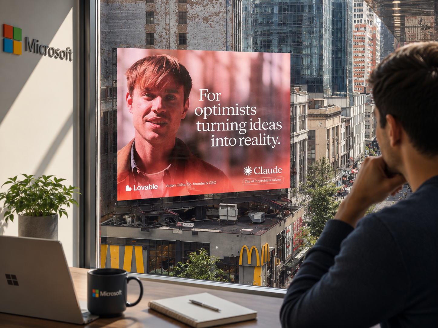 Claude and Lovable billboard photographed from inside Microsoft's offices